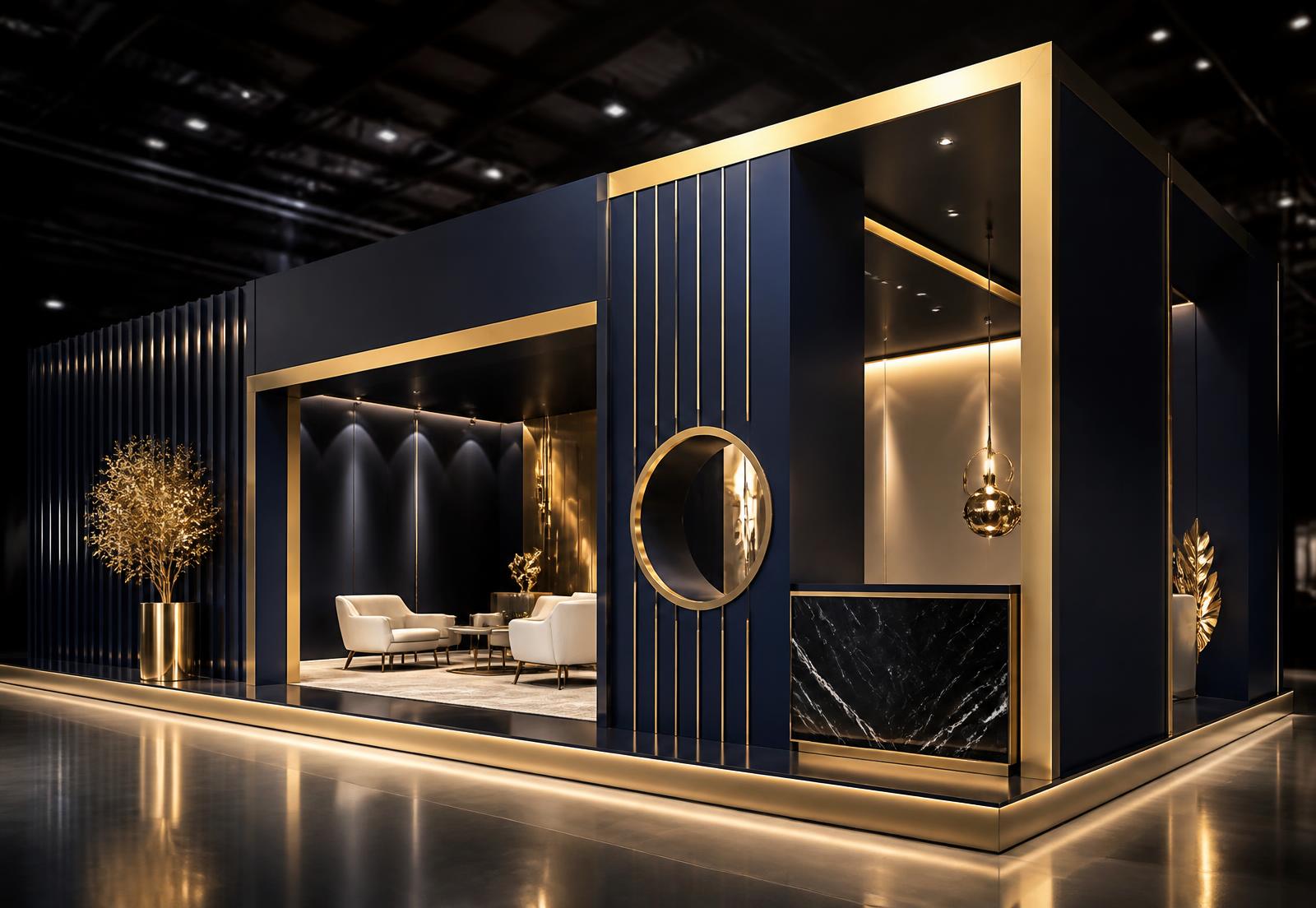 A custom exhibition stand illuminated on the show floor